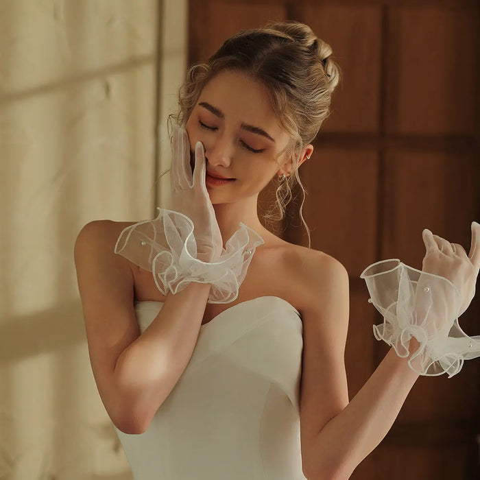 Elegant Ruffled Tulle Pearl Bridal Gloves Short Wrist Length Wedding Sheer Gloves for Women GL010 SHEER FAIRY