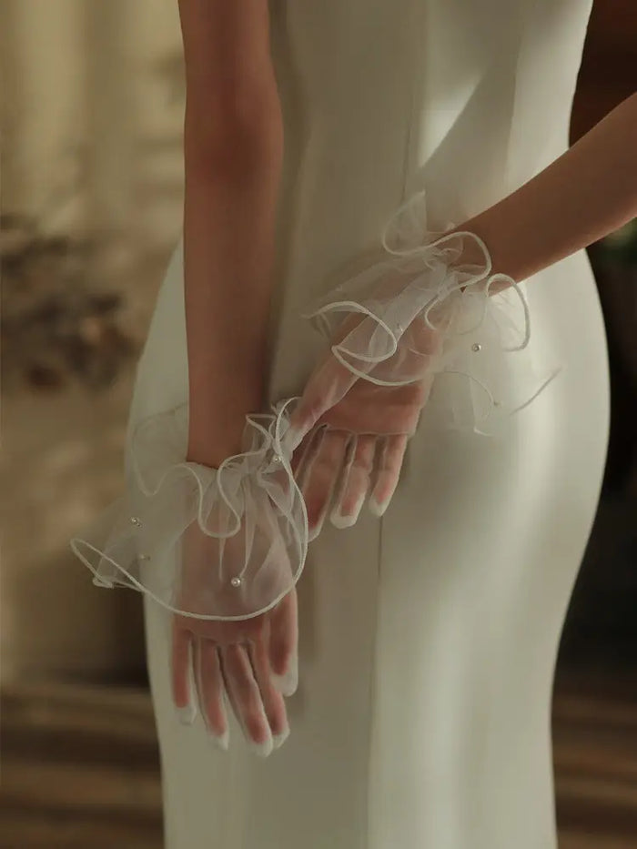 Elegant Ruffled Tulle Pearl Bridal Gloves Short Wrist Length Wedding Sheer Gloves for Women GL010 SHEER FAIRY