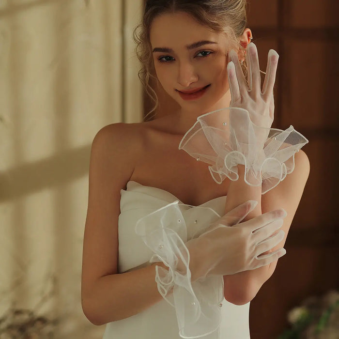 Elegant Ruffled Tulle Pearl Bridal Gloves Short Wrist Length Wedding Sheer Gloves for Women GL010 SHEER FAIRY