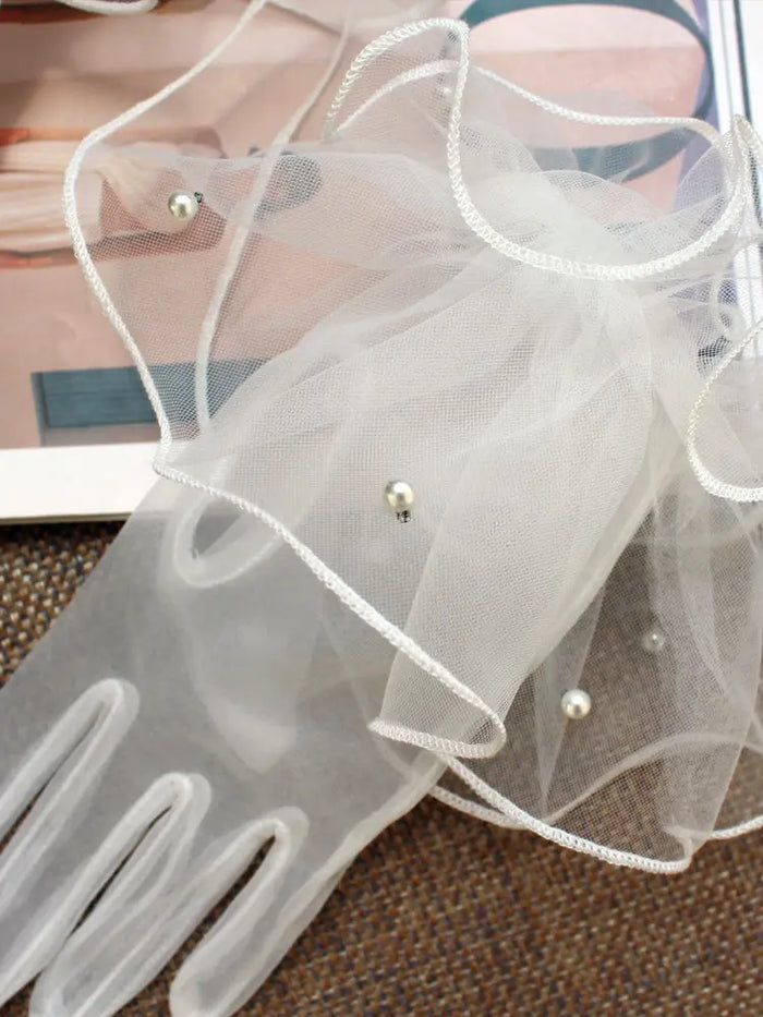 Elegant Ruffled Tulle Pearl Bridal Gloves Short Wrist Length Wedding Sheer Gloves for Women GL010 SHEER FAIRY