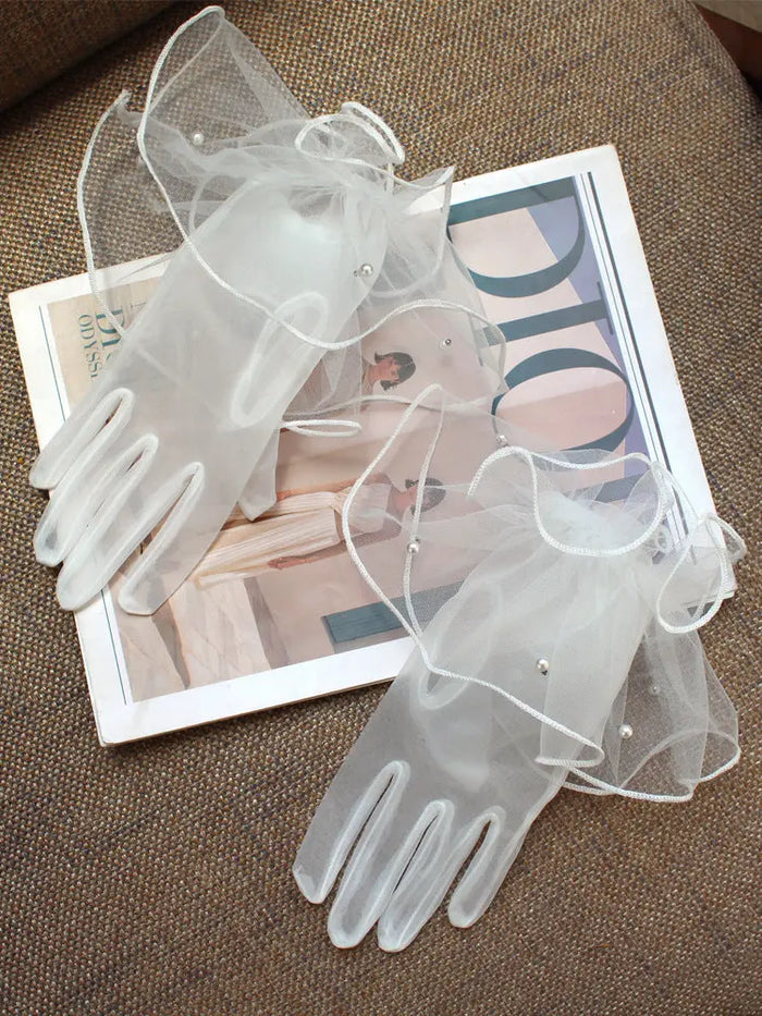 Elegant Ruffled Tulle Pearl Bridal Gloves Short Wrist Length Wedding Sheer Gloves for Women GL010 SHEER FAIRY