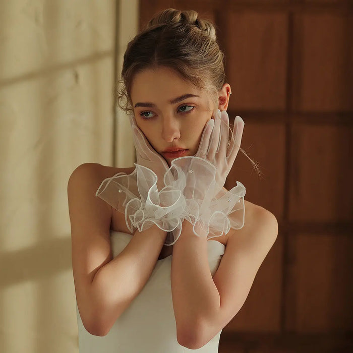 Elegant Ruffled Tulle Pearl Bridal Gloves Short Wrist Length Wedding Sheer Gloves for Women GL010 SHEER FAIRY