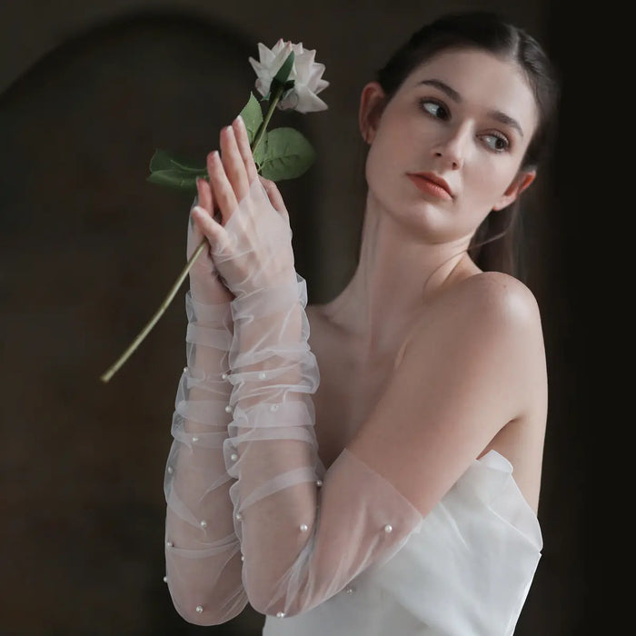Elegant Sheer Tulle Pearl Beaded Bridal Gloves Ruched Long Wedding Sheer Gloves for Women GL006 SHEER FAIRY