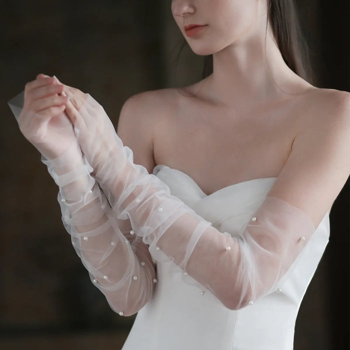 Elegant Sheer Tulle Pearl Beaded Bridal Gloves Ruched Long Wedding Sheer Gloves for Women GL006 SHEER FAIRY