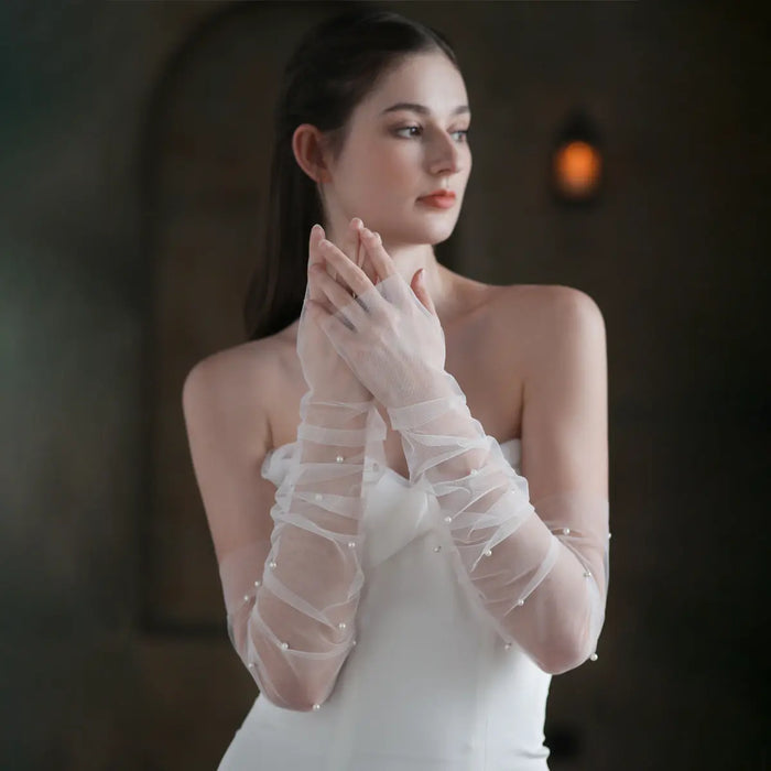 Elegant Sheer Tulle Pearl Beaded Bridal Gloves Ruched Long Wedding Sheer Gloves for Women GL006 SHEER FAIRY