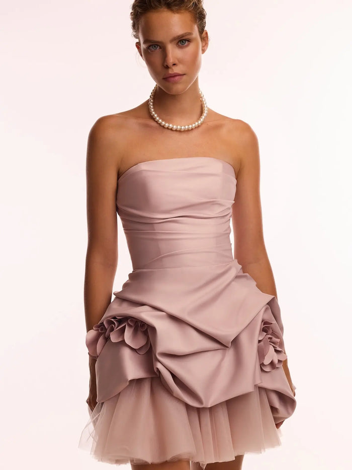 Elegant Strapless Satin Corset Homecoming Dress with 3D Floral Detail RM216 Sheer Fairy