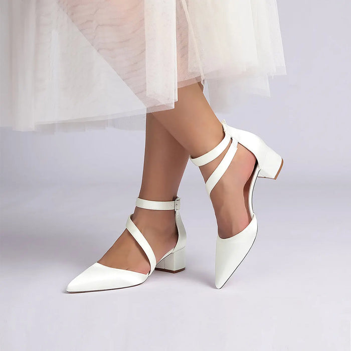 Elegant White Satin Pointed Toe Ankle Strap Block Heel Bridal Wedding Shoes for Women HH030 Sheer Fairy