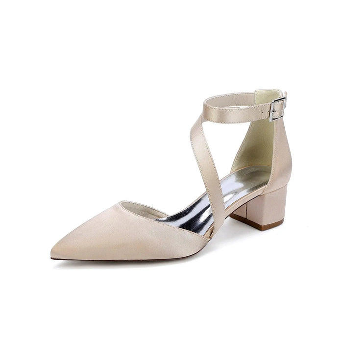 Elegant White Satin Pointed Toe Ankle Strap Block Heel Bridal Wedding Shoes for Women HH030 Sheer Fairy