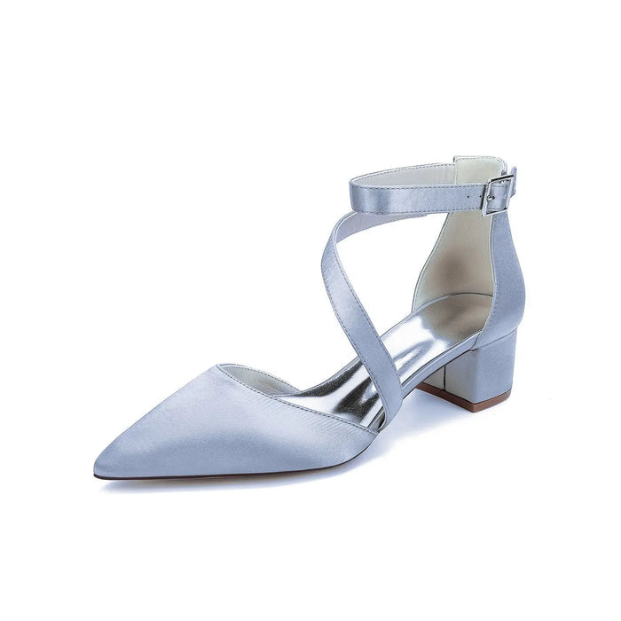 Elegant White Satin Pointed Toe Ankle Strap Block Heel Bridal Wedding Shoes for Women HH030 Sheer Fairy