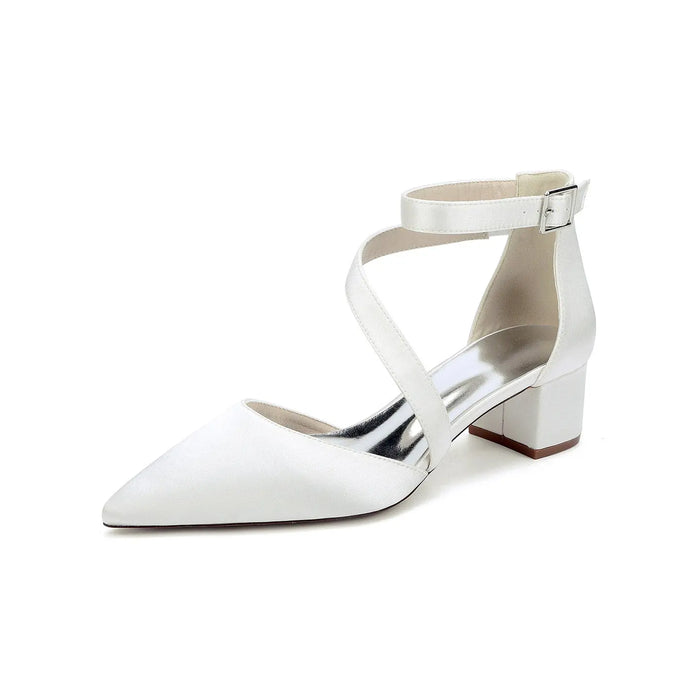 Elegant White Satin Pointed Toe Ankle Strap Block Heel Bridal Wedding Shoes for Women HH030 Sheer Fairy