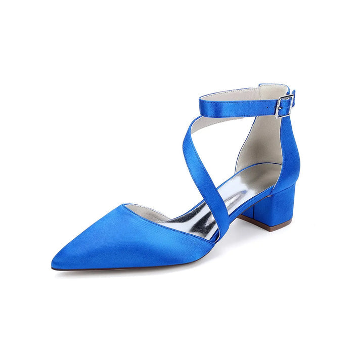 Elegant White Satin Pointed Toe Ankle Strap Block Heel Bridal Wedding Shoes for Women HH030 Sheer Fairy