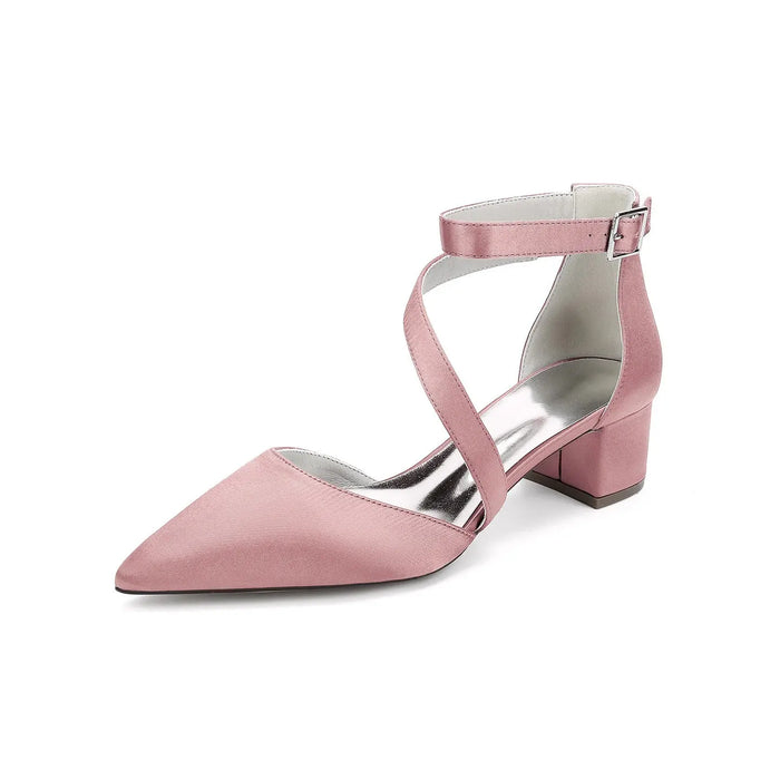 Elegant White Satin Pointed Toe Ankle Strap Block Heel Bridal Wedding Shoes for Women HH030 Sheer Fairy