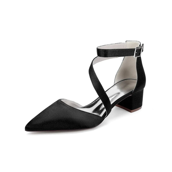 Elegant White Satin Pointed Toe Ankle Strap Block Heel Bridal Wedding Shoes for Women HH030 Sheer Fairy