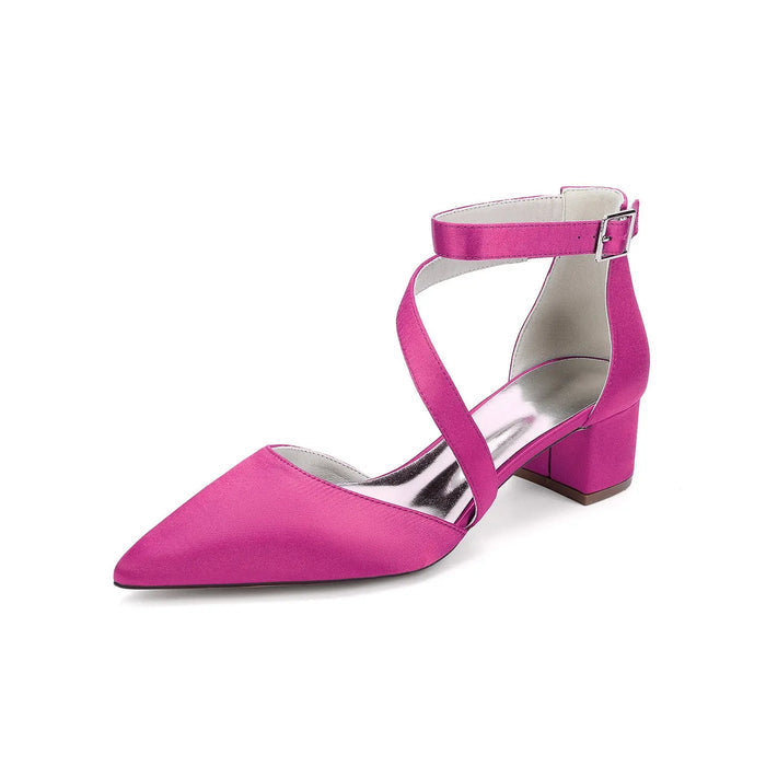 Elegant White Satin Pointed Toe Ankle Strap Block Heel Bridal Wedding Shoes for Women HH030 Sheer Fairy