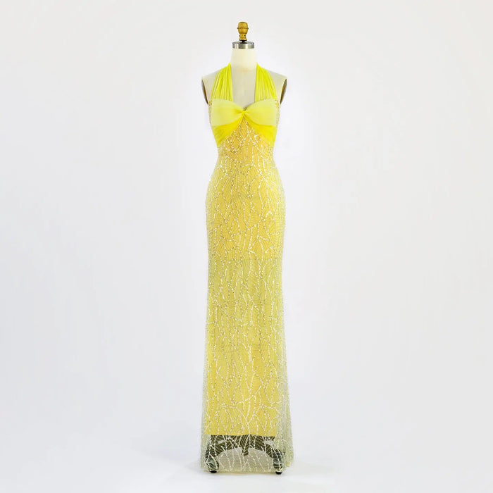Elegant Yellow Halter Bow Sequin Gown - Mermaid Maxi Formal Evening Dress ST001 Sheer Fairy