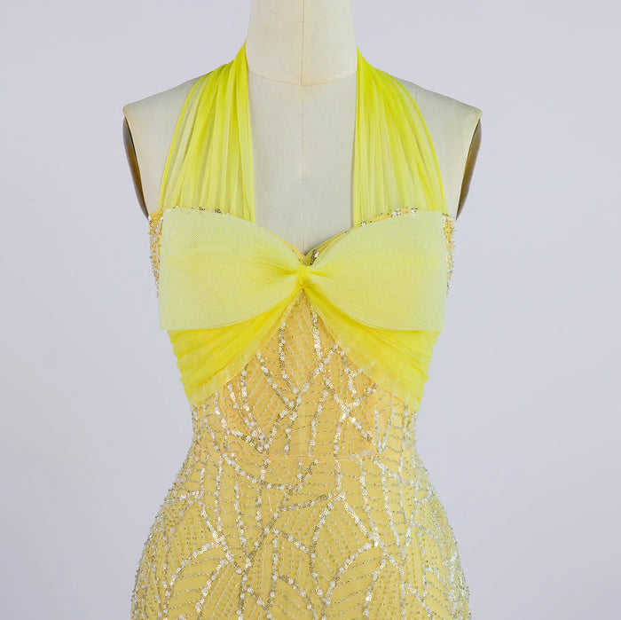 Elegant Yellow Halter Bow Sequin Gown - Mermaid Maxi Formal Evening Dress ST001 Sheer Fairy