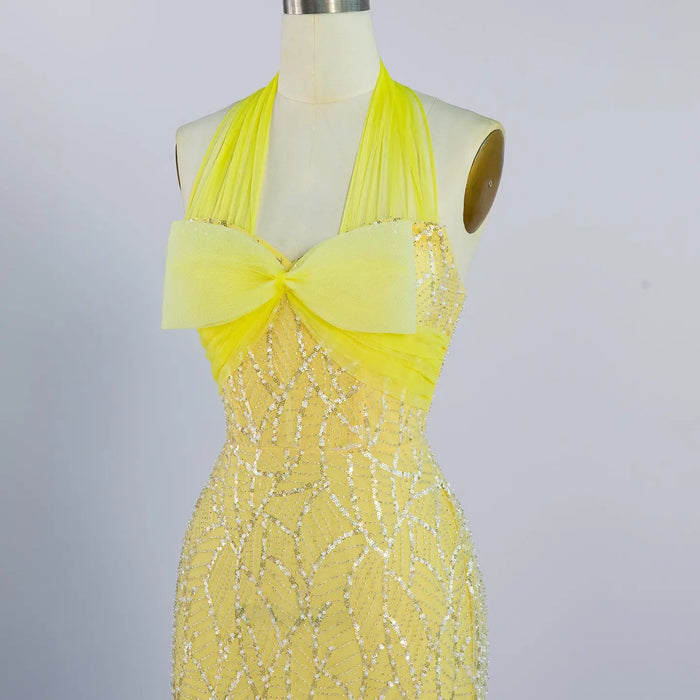 Elegant Yellow Halter Bow Sequin Gown - Mermaid Maxi Formal Evening Dress ST001 Sheer Fairy
