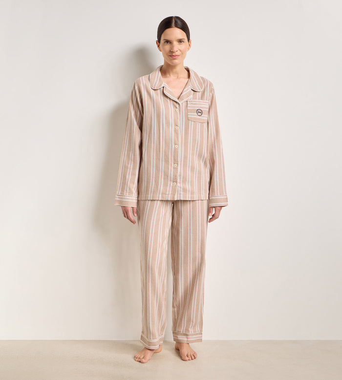 Ensemble pyjama femme flanelle rayée brun et beige DIM x Ines de la Fressange