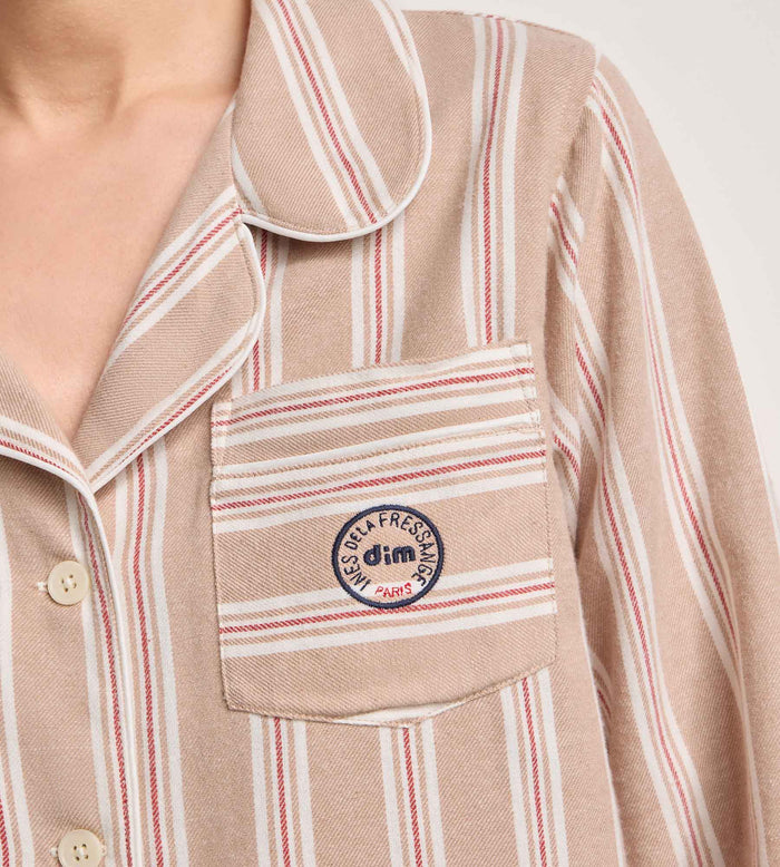Ensemble pyjama femme flanelle rayée brun et beige DIM x Ines de la Fressange