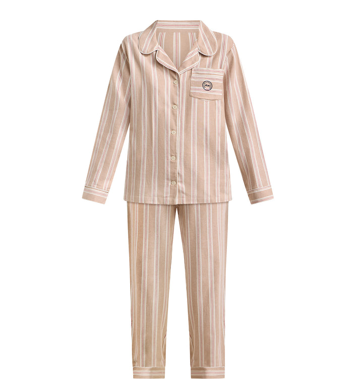 Ensemble pyjama femme flanelle rayée brun et beige DIM x Ines de la Fressange
