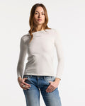 ESSENTIAL LONGSLEEVE TEE WHITE - white women's longsleeve tee, front view on female model - Cold Culture #woman