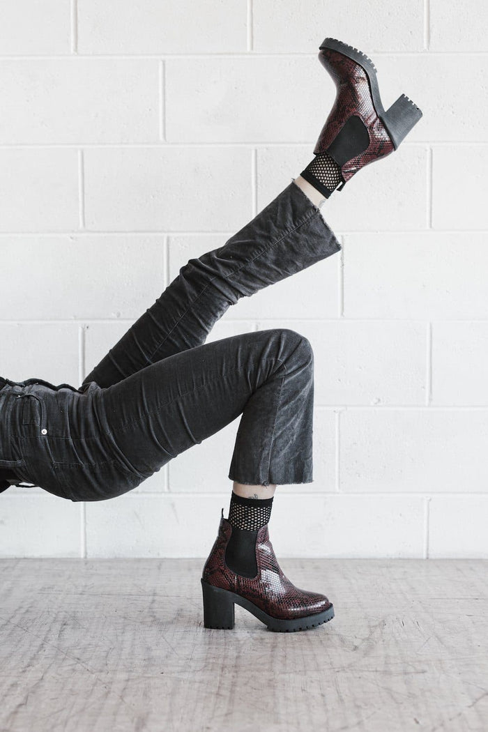 Evie vegan snakeskin boots - burgundy faux suede