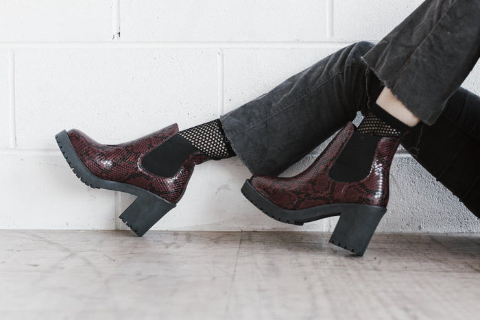 Evie vegan snakeskin boots - burgundy faux suede