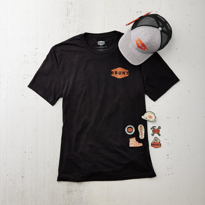 Black BRUNT t-shirt with black and grey BRUNT hat and BRUNT signature stickers