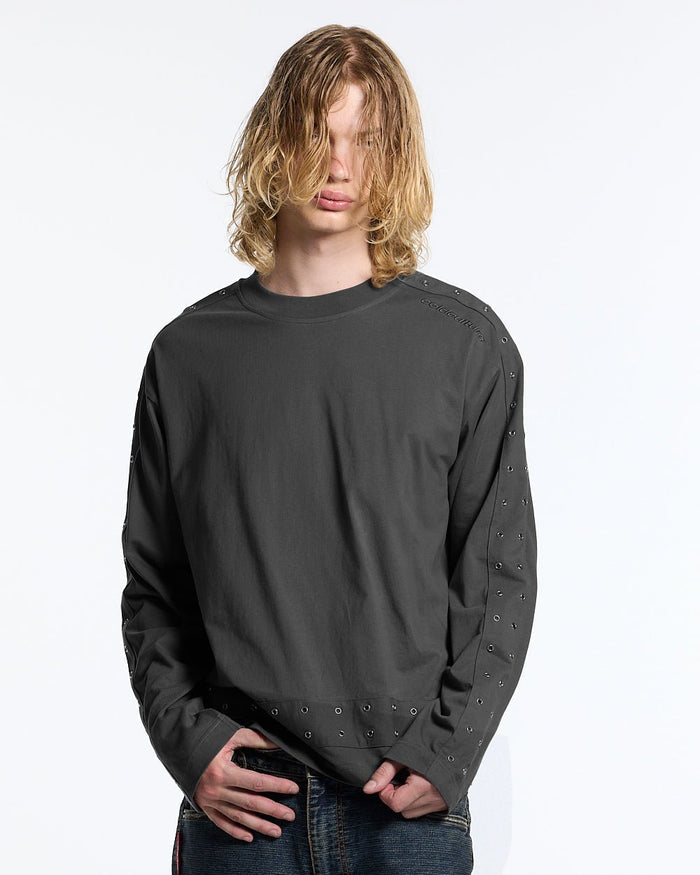 EYELET LONGSLEEVE BLACK - washed black eyelet longsleeve tee, front view on male model - Cold Culture #man