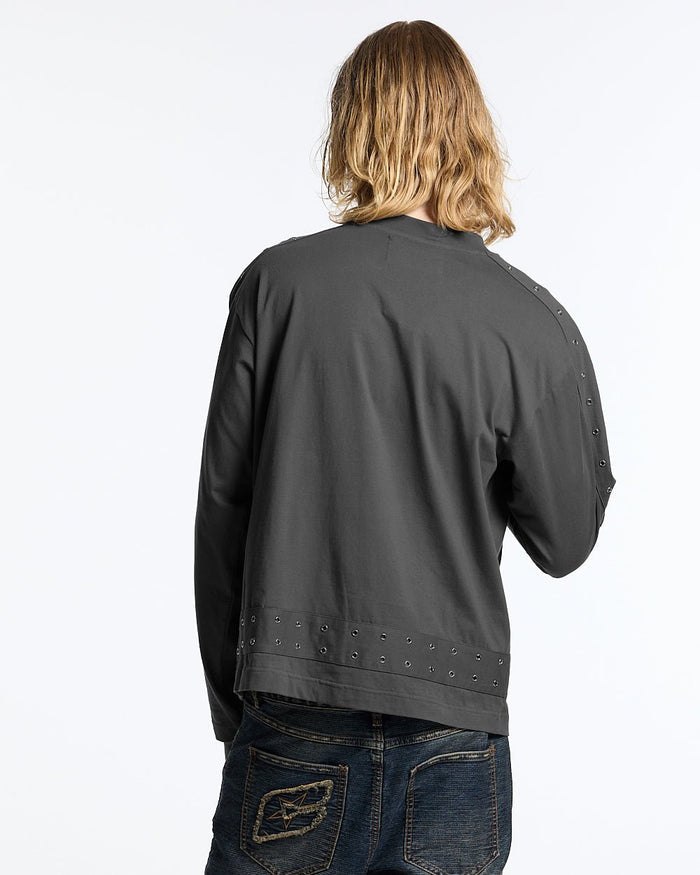 EYELET LONGSLEEVE BLACK - washed black eyelet longsleeve tee, back view on male model - Cold Culture #man