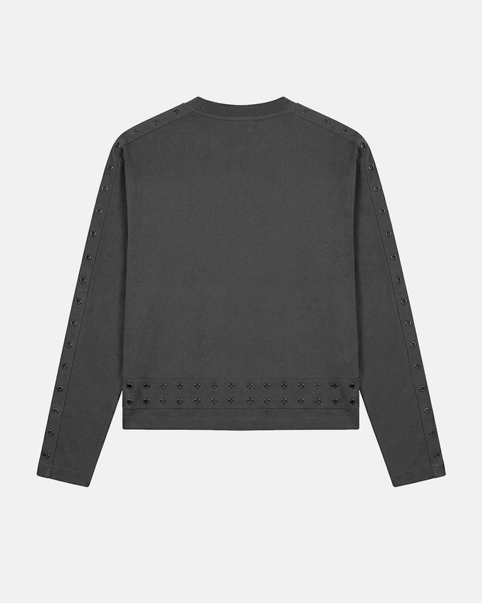EYELET LONGSLEEVE BLACK - washed black eyelet longsleeve tee, back view - Cold Culture