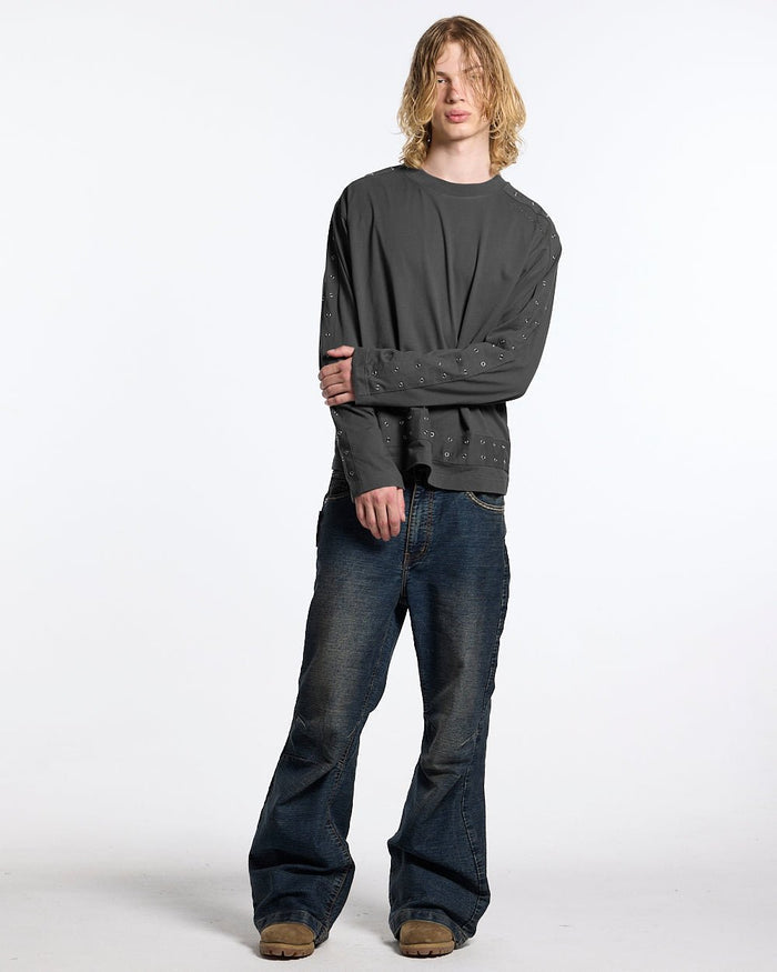 EYELET LONGSLEEVE BLACK - washed black eyelet longsleeve tee, front view on male model - Cold Culture #man