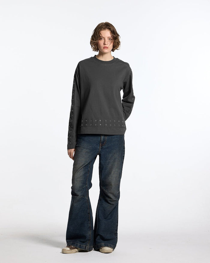 EYELET LONGSLEEVE BLACK - washed black eyelet longsleeve tee, front view on female model - Cold Culture #woman