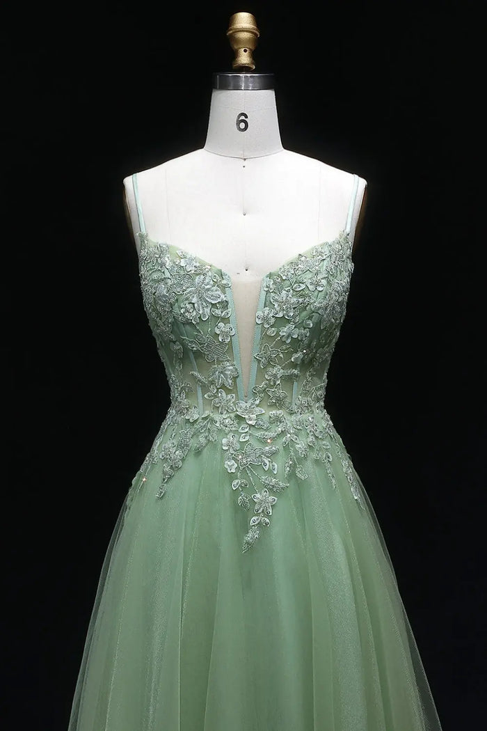 Fancy Sage Green V-Neck Tulle A-Line Prom Dress SH143 Sheer Fairy
