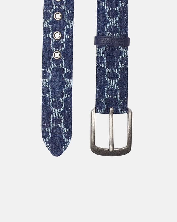 FEVER BELT BLUE - blue monogram belt, detail close-up - Cold Culture