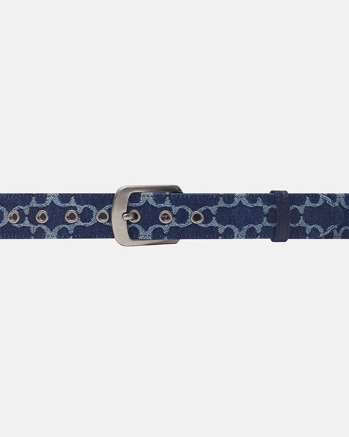 FEVER BELT BLUE - blue monogram belt, front view - Cold Culture