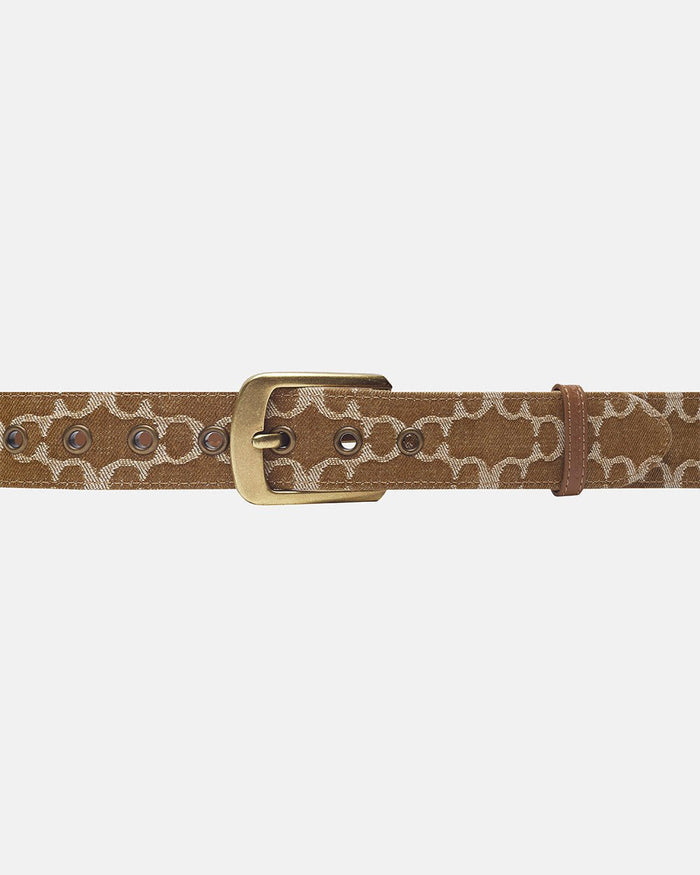 FEVER BELT BROWN - brown monogram belt, front view - Cold Culture