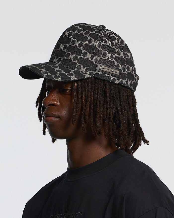 FEVER CAP BLACK - black monogram cap, on model close-up - Cold Culture #man