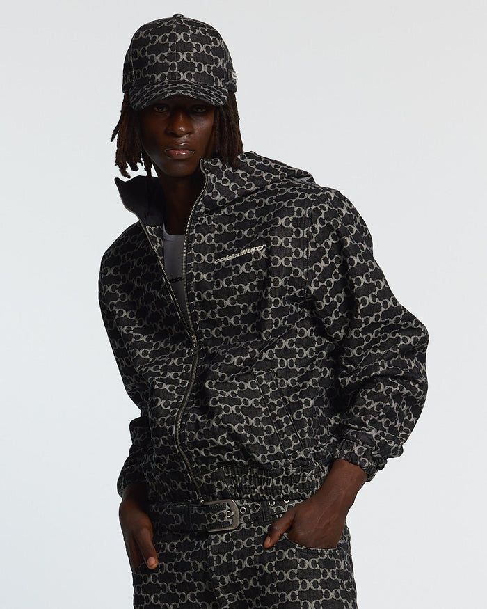 FEVER JACKET BLACK - black monogram hooded jacket, front view on male model - Cold Culture #man