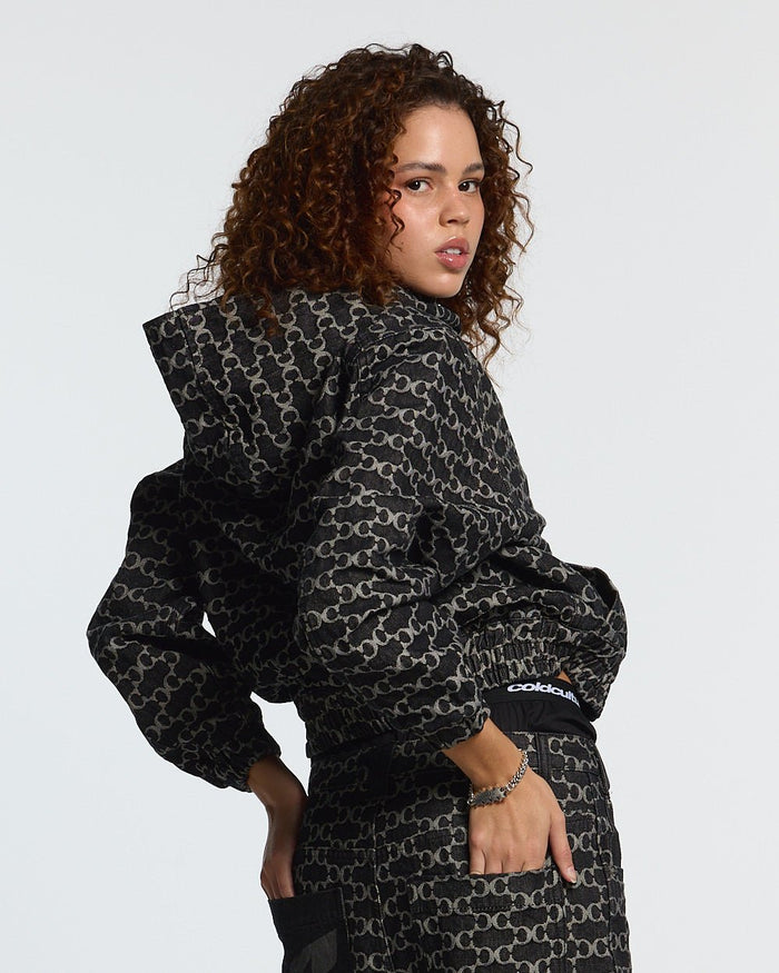 FEVER JACKET BLACK - black monogram hooded jacket, back view on female model - Cold Culture #woman