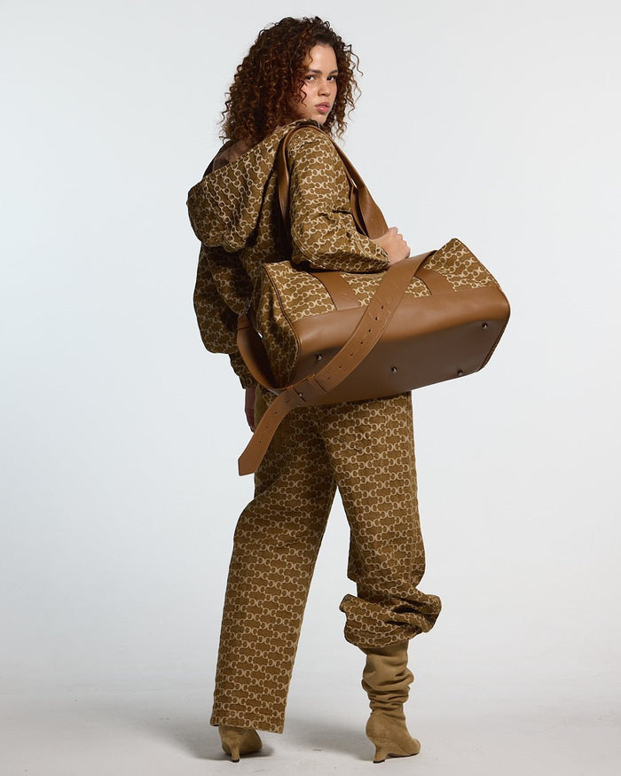 FEVER JACKET BROWN - brown monogram hooded jacket, front view on female model - Cold Culture #woman