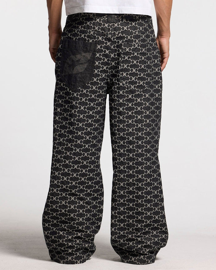 FEVER PANTS V3 BLACK - black monogram denim pants, back view on male model - Cold Culture #man