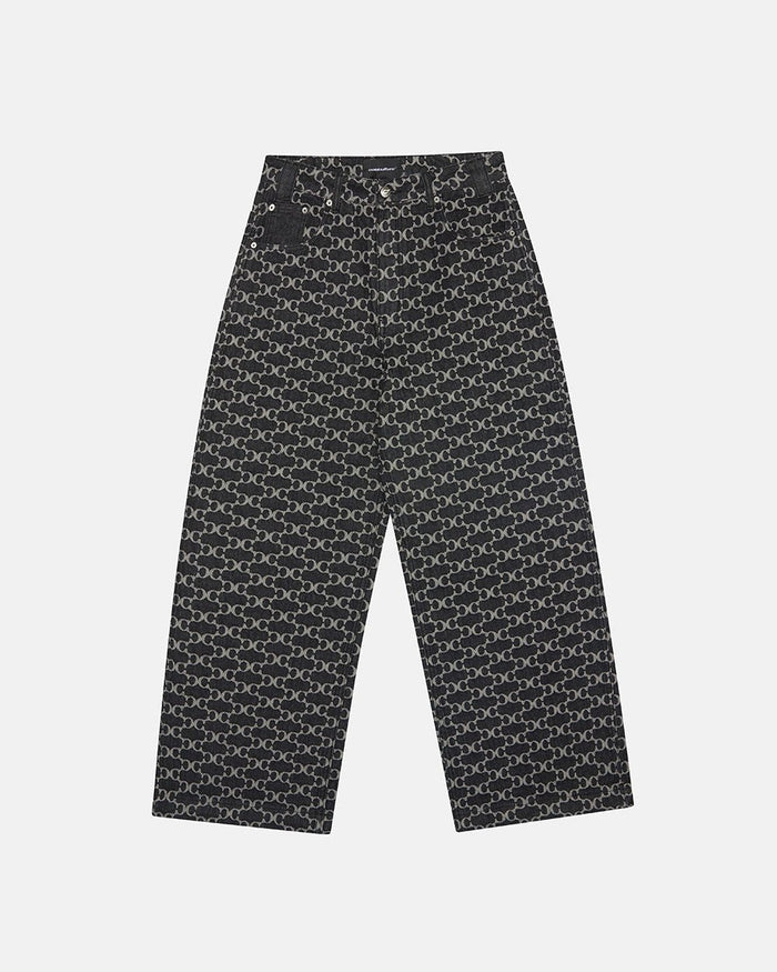 FEVER PANTS V3 BLACK - black monogram denim pants, front view - Cold Culture
