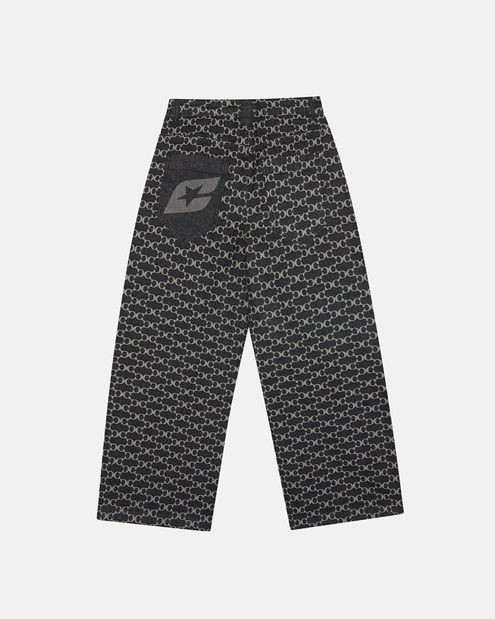 FEVER PANTS V3 BLACK - black monogram denim pants, back view - Cold Culture