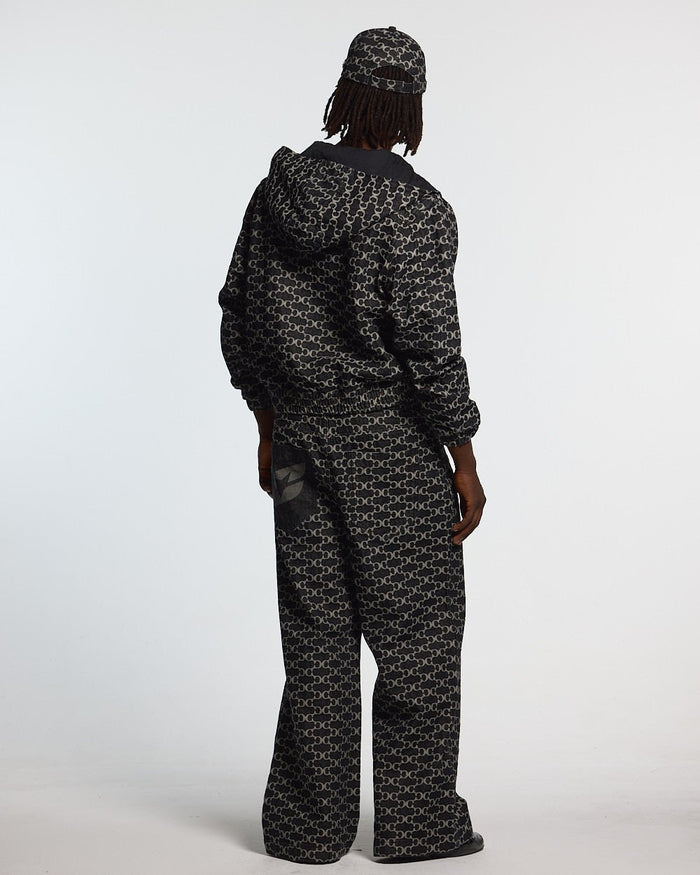 FEVER PANTS V3 BLACK - black monogram denim pants, back view on male model - Cold Culture #man
