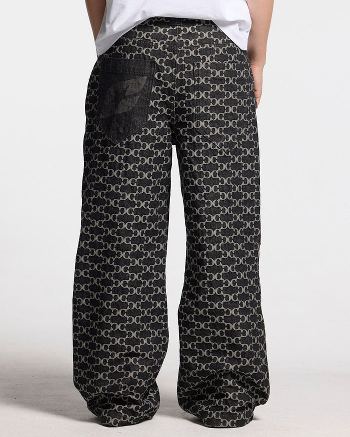 FEVER PANTS V3 BLACK - black monogram denim pants, back view on female model - Cold Culture #woman