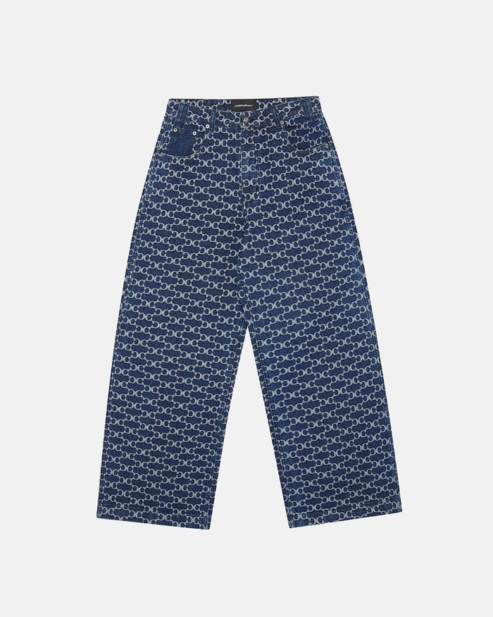 FEVER PANTS V3 BLUE - blue monogram denim pants, front view - Cold Culture