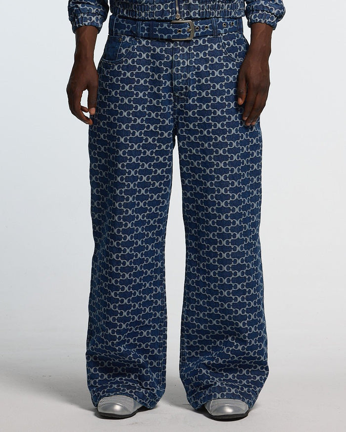 FEVER PANTS V3 BLUE - blue monogram denim pants, front view on male model - Cold Culture #man