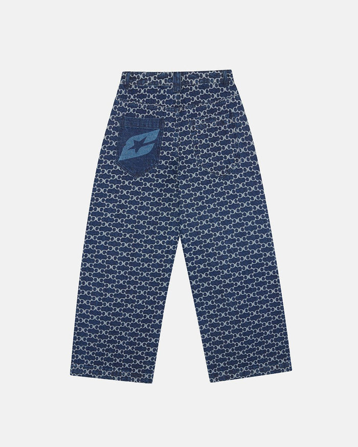 FEVER PANTS V3 BLUE - blue monogram denim pants, back view - Cold Culture