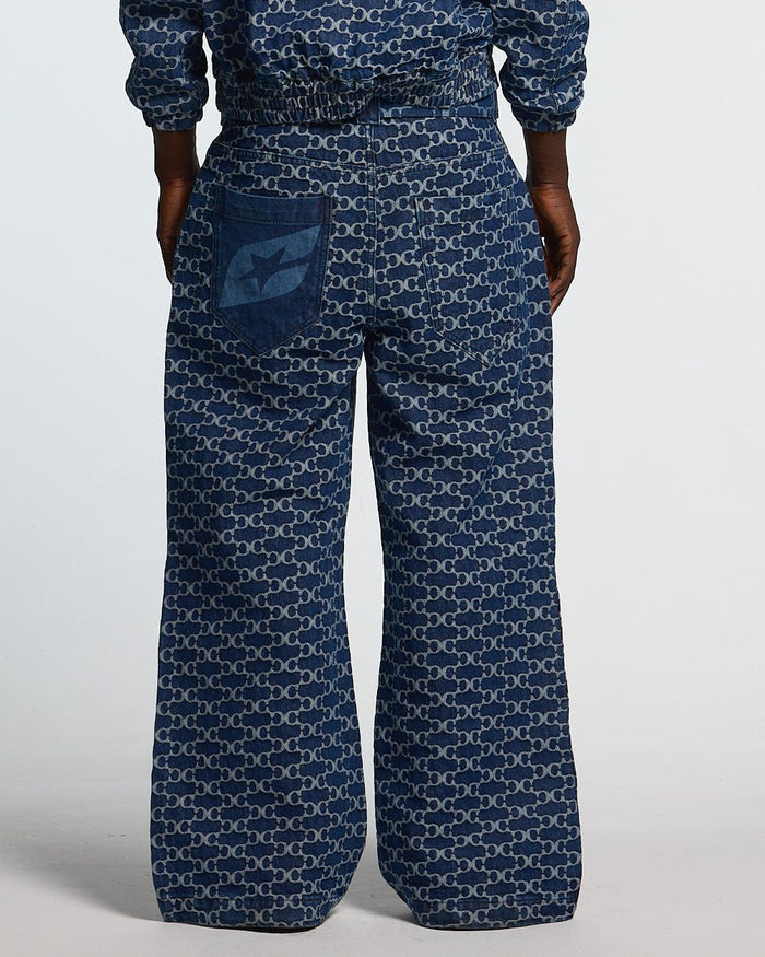 FEVER PANTS V3 BLUE - blue monogram denim pants, back view on male model - Cold Culture #man